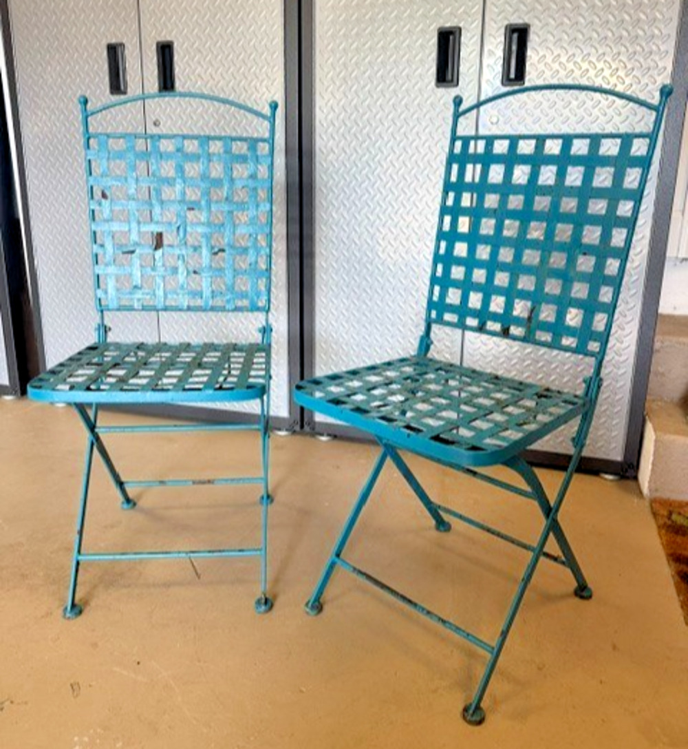 Vintage MCM Metal Folding Patio Chair Salterini Style Blue Teal Set of 2 1950's